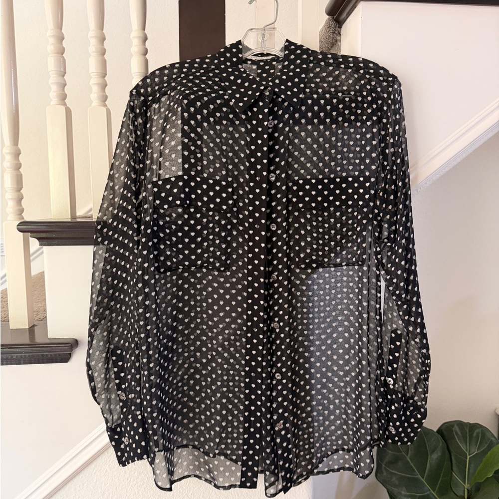 Equipment Black Sheer Heart-Print Button-Up Blouse